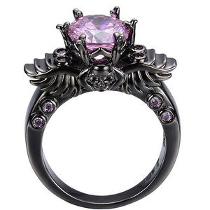 New Black Punk Ring w skull & purple quartz stone